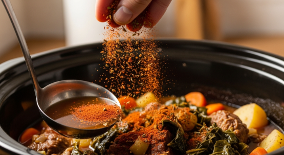 Spices and broth added to slow cooker for Slow Cooker Chicken and Sweet Potato Stew