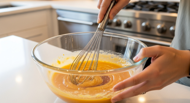 Whisking pumpkin puree, eggs, almond milk, maple syrup, and vanilla in a bowl for pumpkin protein muffins