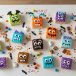 Tray of Halloween Monster Rice Krispies with assorted monster faces