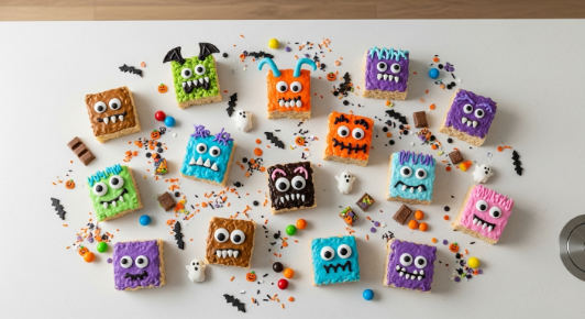 Tray of Halloween Monster Rice Krispies with assorted monster faces