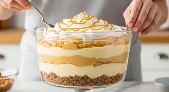layering pumpkin spice trifle with gingersnap layers in glass bowl