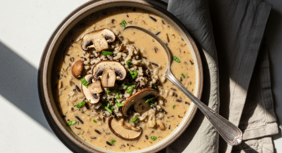 Bowl of creamy mushroom and wild rice soup with parsley garnish