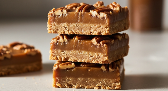 Brown Butter Pecan Bars stacked on parchment with nutty caramel topping