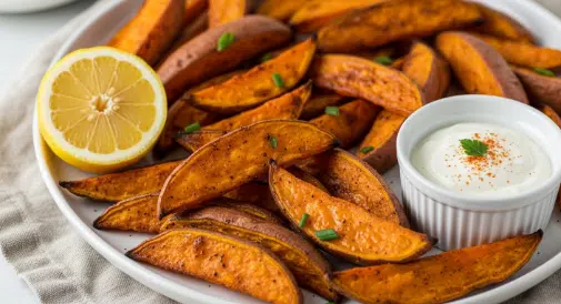 Final platter of maple-cinnamon air fryer sweet potato wedges with dip