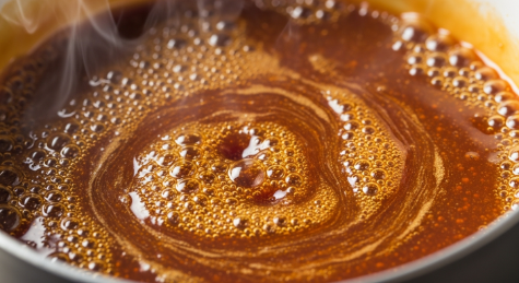 deep amber caramel for salted caramel chocolate tart bubbling