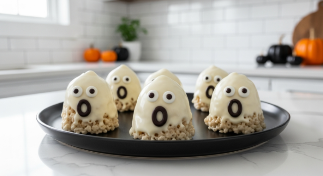 Ghost Rice Krispie Pops on a black platter in a modern kitchen