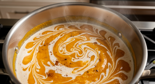 Pumpkin Crème Brûlée cream, pumpkin purée, and spices warming in saucepan