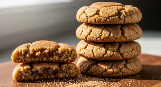 Stack of soft cinnamon sugar cookies with crackly cinnamon crust