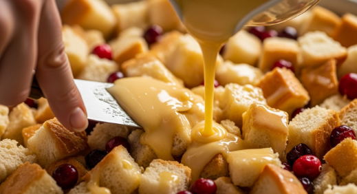 Pouring custard over bread and cranberries for Cranberry Orange Bread Pudding