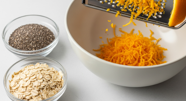 Adding orange zest and chia to the overnight oats mixture