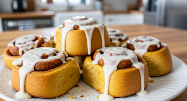 Fresh pumpkin cinnamon rolls with cream cheese glaze in modern kitchen