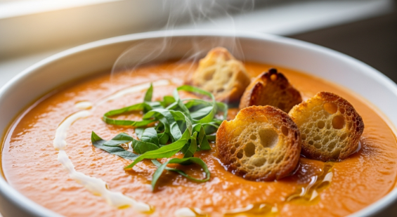 Roasted Tomato Basil Soup in a bowl topped with fresh basil and croutons