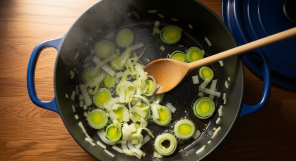 Sliced leeks softening in a pot with olive oil