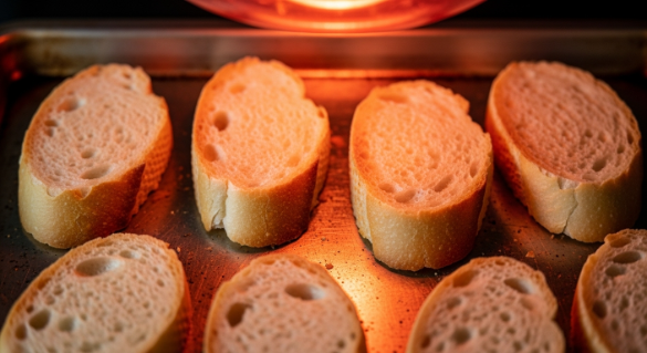 Crisping baguette slices for topping French Onion Soup