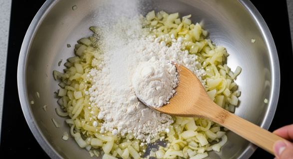 Sautéed onions with flour added for roux in Loaded Baked Potato Soup