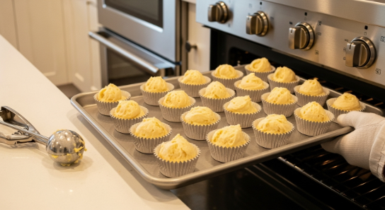 Filling cupcake liners with pumpkin batter for 5-Ingredient Pumpkin Cupcakes before baking
