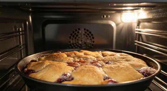 Cobbler baking until golden and bubbling