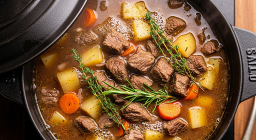 Beef and Vegetable Stew simmering with potatoes and herbs