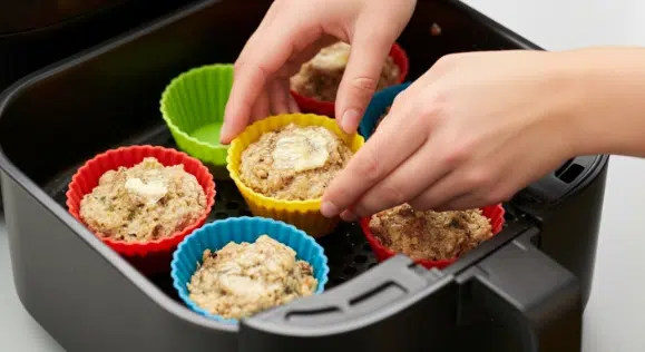 Packing stuffing mixture into muffin cups to create crispy edges