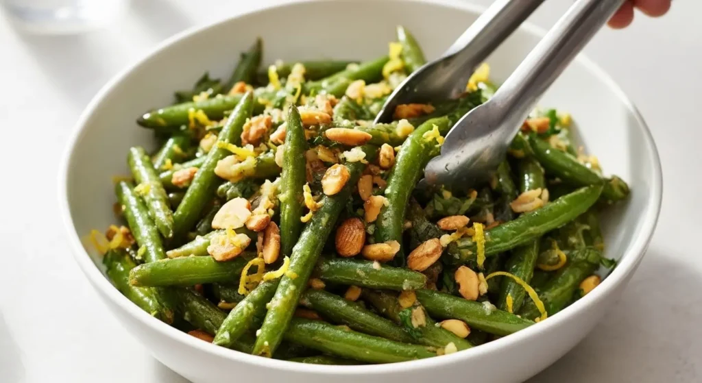 Tossing beans with almonds and lemon-garlic butter