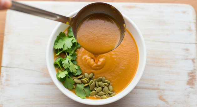 Serving Pumpkin Coconut Curry Soup with pepitas and herbs