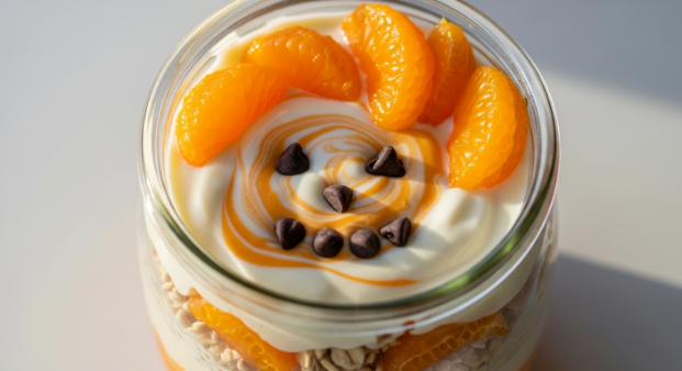 Orange Creamsicle Overnight Oats in a jar with mandarin and vanilla swirl