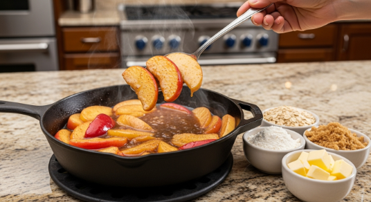 Cooking cinnamon apples for Dutch Apple Cheesecake topping in skillet
