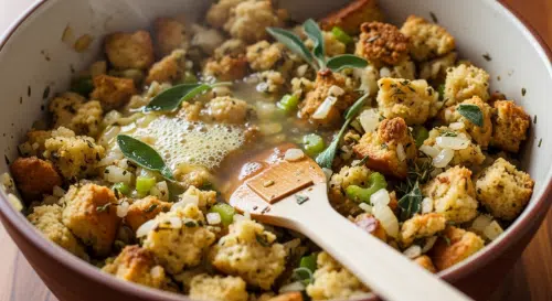 Mixing stuffing with eggs and broth for air fryer stuffing muffins