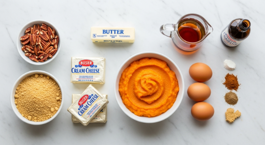 Ingredients for Maple Walnut Sweet Potato Cheesecake Bars on marble