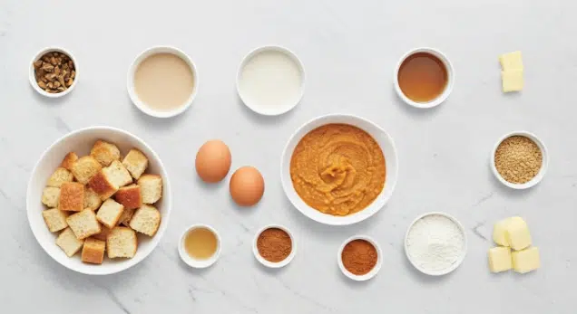 Ingredients for Pumpkin Spice French Toast Bake arranged on marble