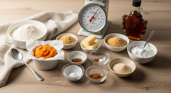 ingredients for maple glazed pumpkin snickerdoodles flat lay with pumpkin puree and spices