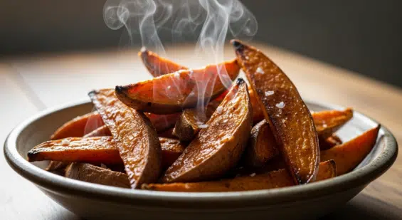 Maple-Cinnamon Air Fryer Sweet Potato Wedges piled in a bowl with glossy cinnamon-maple finish