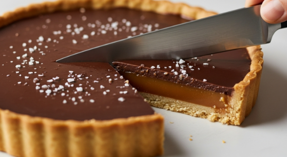 slicing salted caramel chocolate tart with warm knife