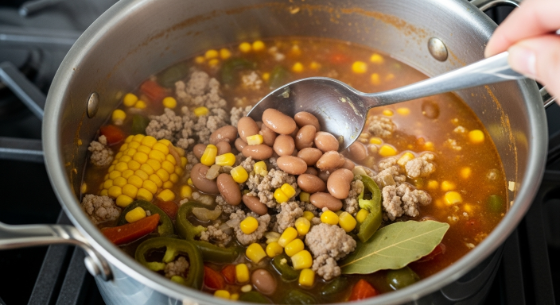Simmering beans and broth in Turkey and White Bean Chili