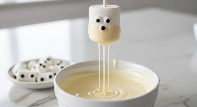 Dipping a Ghost Rice Krispie Pop in melted white chocolate