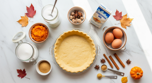 Flat lay of pumpkin pie ingredients including pumpkin puree, spices, eggs, and pie crust on a marble counter in a modern kitchen.