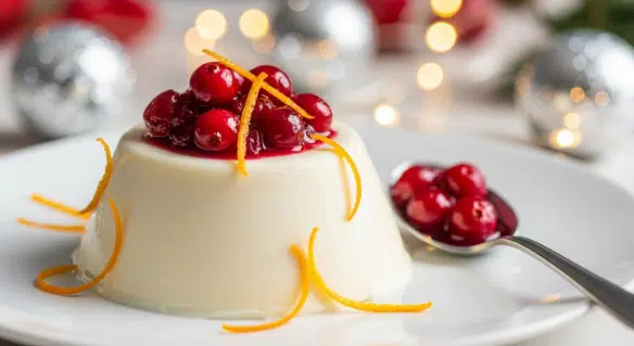 Final plated Vanilla Bean Panna Cotta with Cranberry Compote