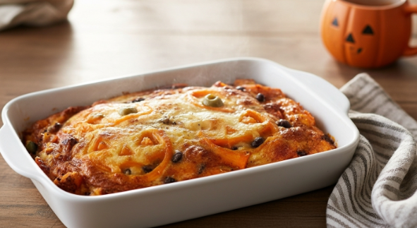 Halloween breakfast casserole with cheddar pumpkin faces, baked in a white dish
