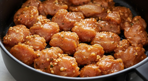 Chicken pieces in a single layer in air fryer for Air Fryer Honey Garlic Chicken