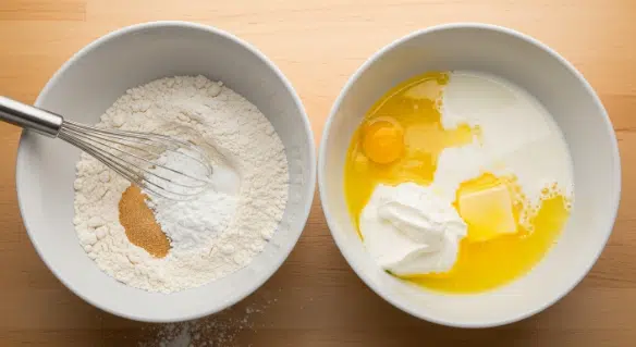 Mixing wet and dry for Cinnamon Roll Bundt Cake with Cream Cheese Glaze