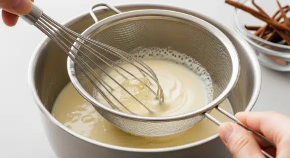 Dissolving gelatin and straining panna cotta mixture