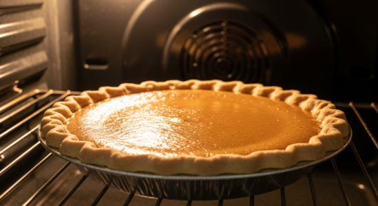 Pumpkin pie baking in oven for Classic Bourbon Pumpkin Pie