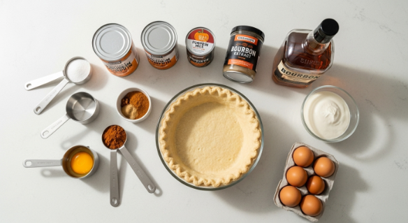 Ingredients for Classic Bourbon Pumpkin Pie arranged in a modern kitchen