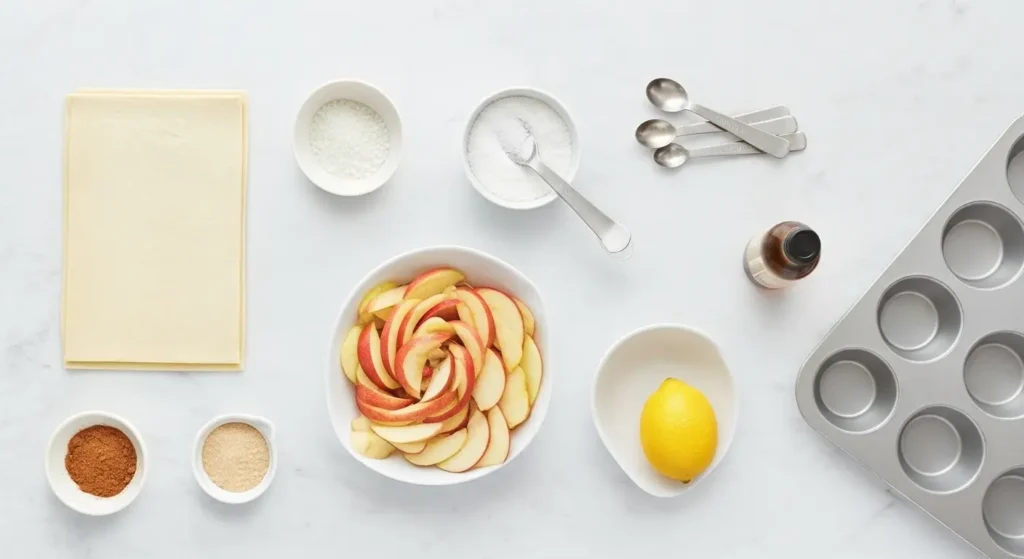 Ingredients for Mini Apple Rose Tarts arranged on marble