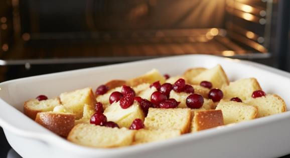 Bread cubes and cranberries arranged in greased baking dish for Cranberry Orange Bread Pudding