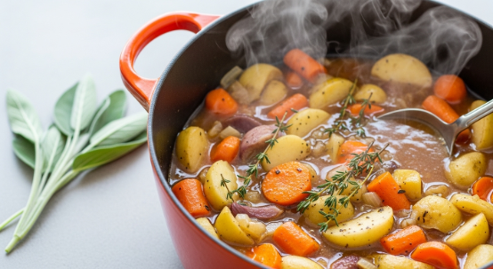 Roasted vegetables simmering with broth for butternut squash soup