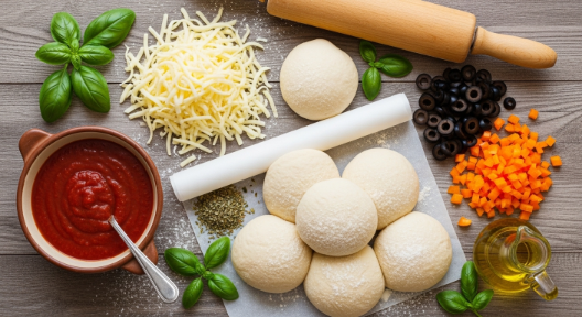 Ingredients for Witch Hat Pizza Recipe including dough, sauce, mozzarella, olives, and orange peppers