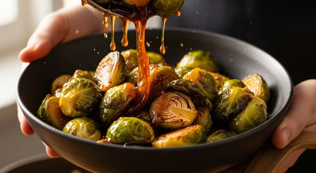 Tossing Honey-Mustard Air Fryer Brussels Sprouts in glaze