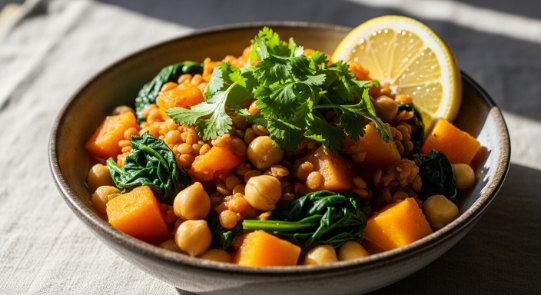 Moroccan Lentil and Pumpkin Stew in a rustic bowl with herbs and lemon