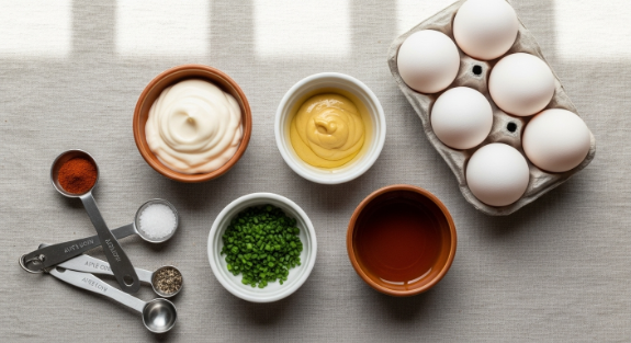 Ingredients for Thanksgiving Appetizer Deviled Eggs arranged in small bowls